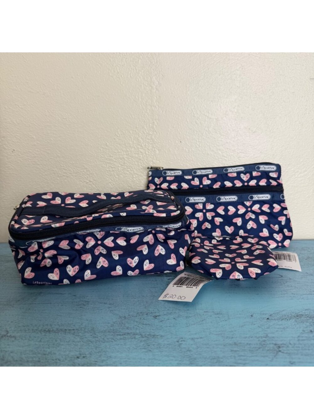 LeSportsac 3-Piece Cosmetic Bag Set In Heartburst Navy Pattern NWT